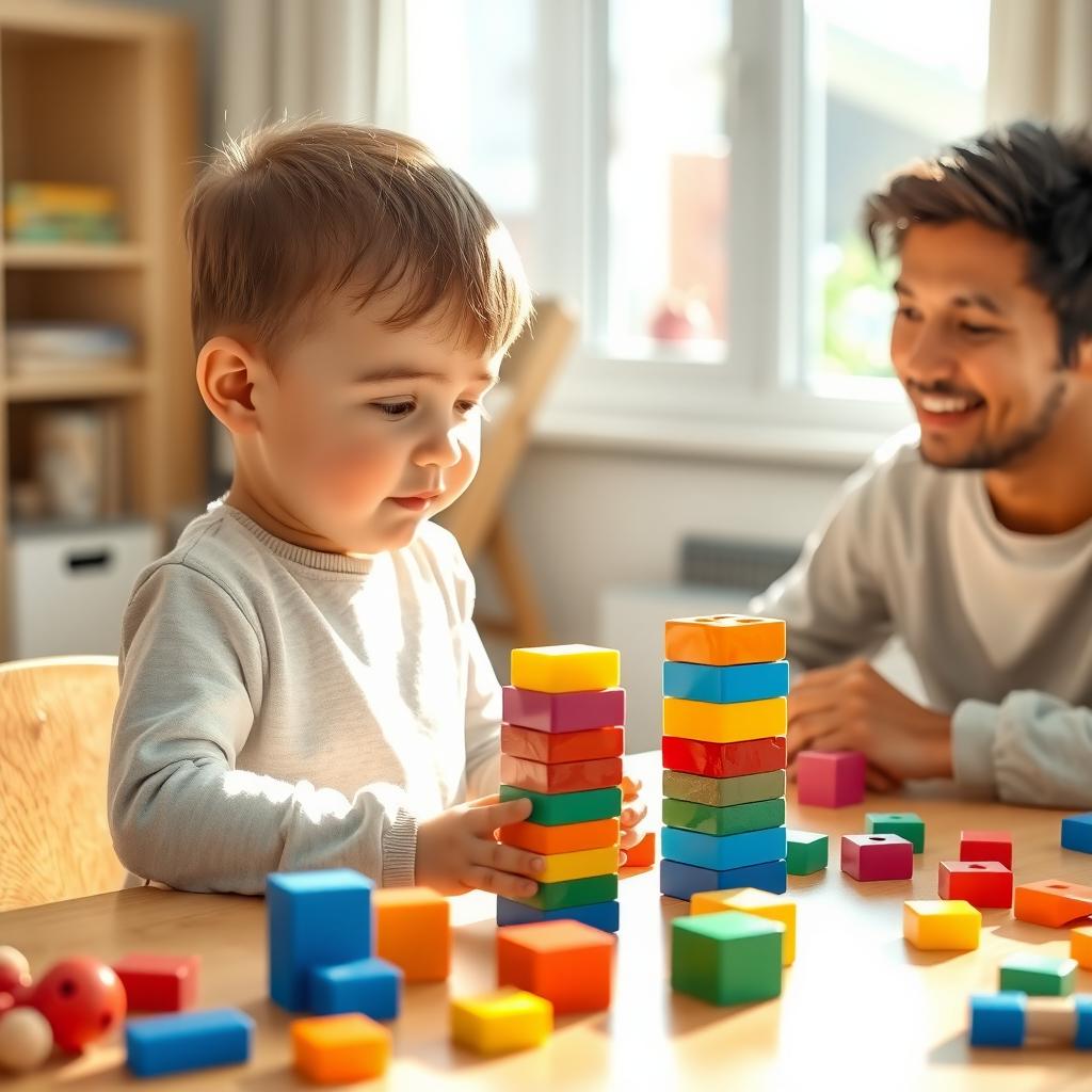 A child with autism stacks colorful blocks while a parent watches supportively in a bright room.
