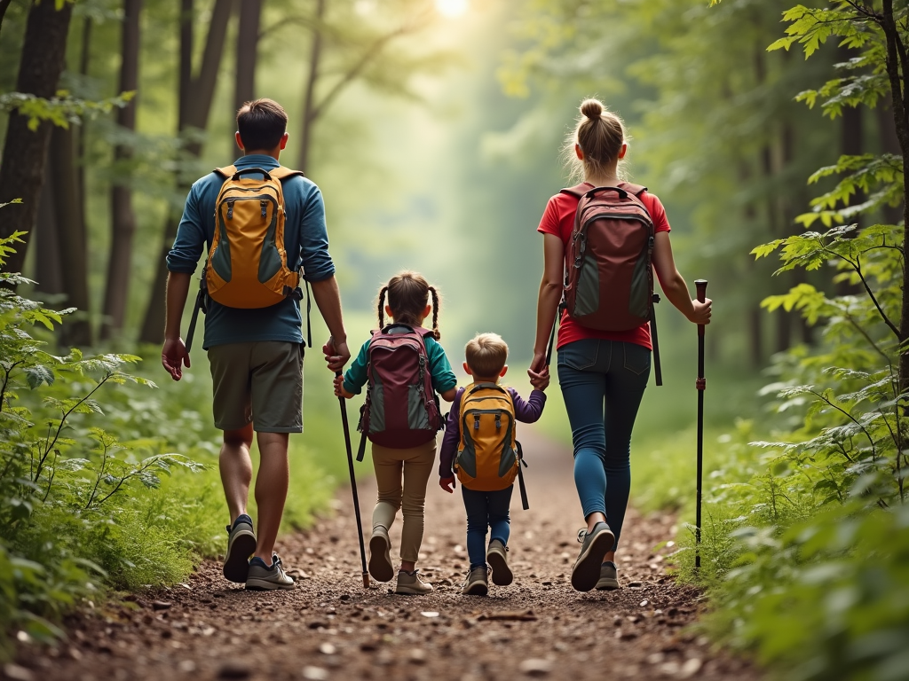 Family hiking in the forest