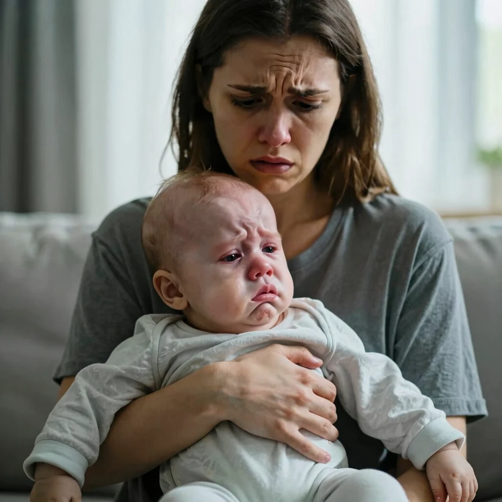 Worried parent holding a pale infant experiencing FPIES symptoms