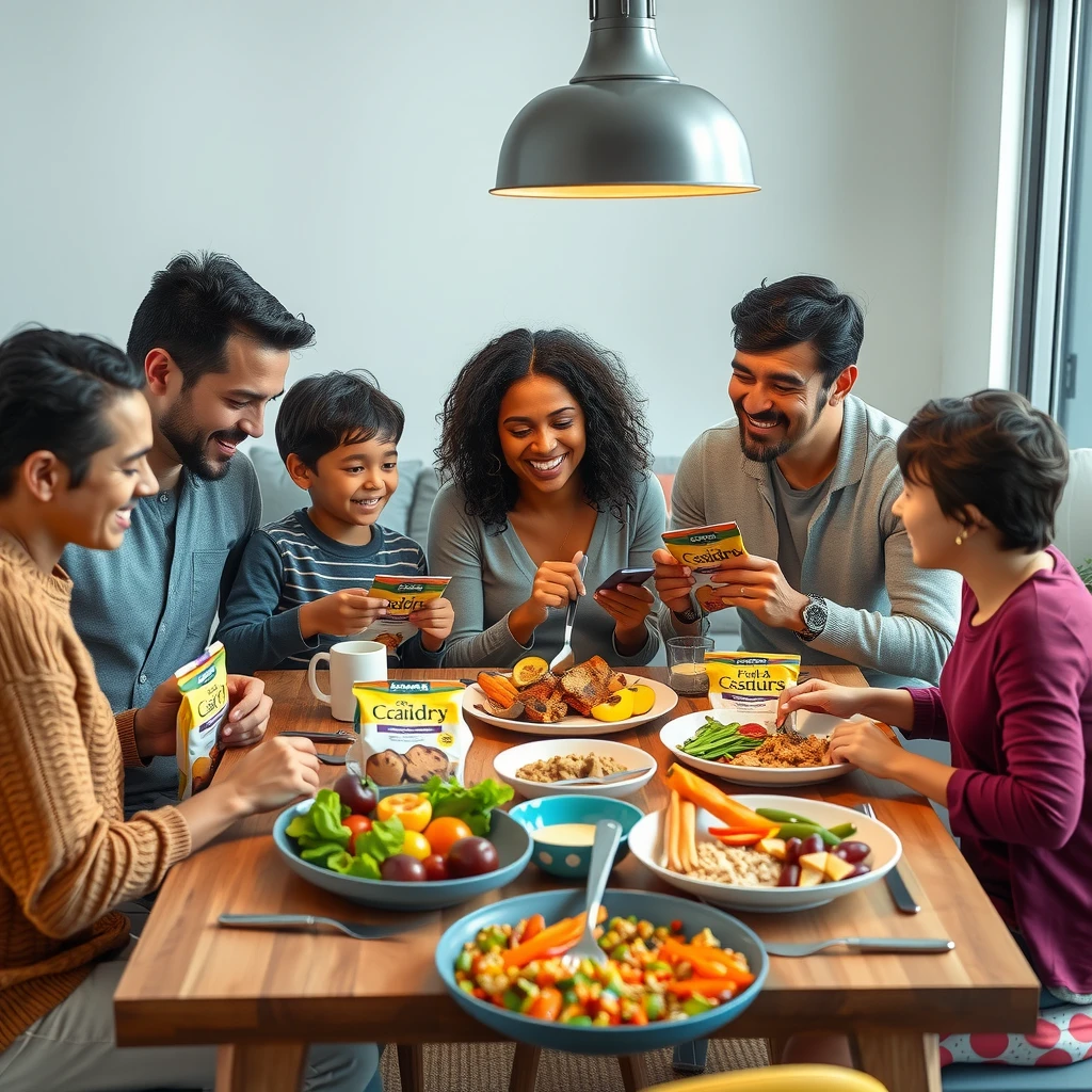 Family reading food labels and enjoying a safe meal together