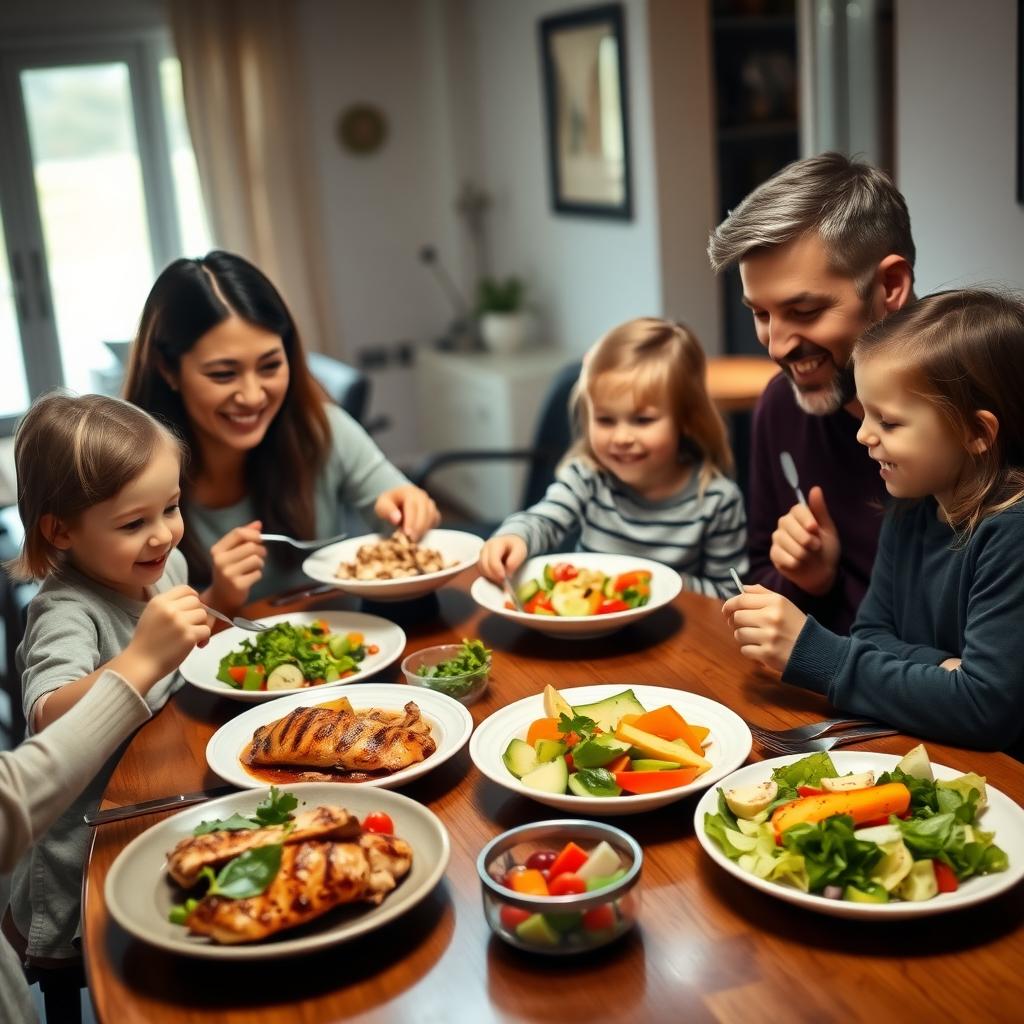 A family enjoying a healthy dinner together at the dining table.