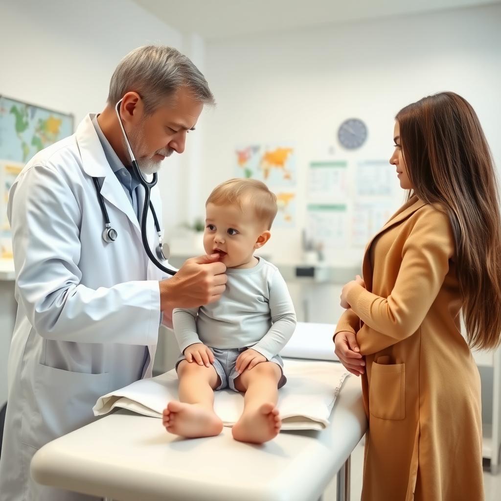 Pediatrician examining a young child in a clinic with a parent nearby.