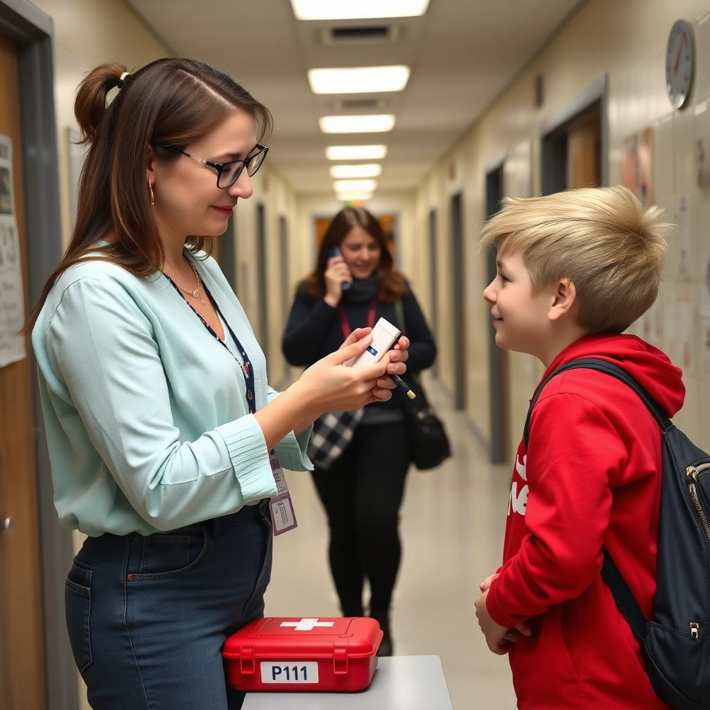 A teacher using an epinephrine auto-injector on a student while another teacher calls for help.