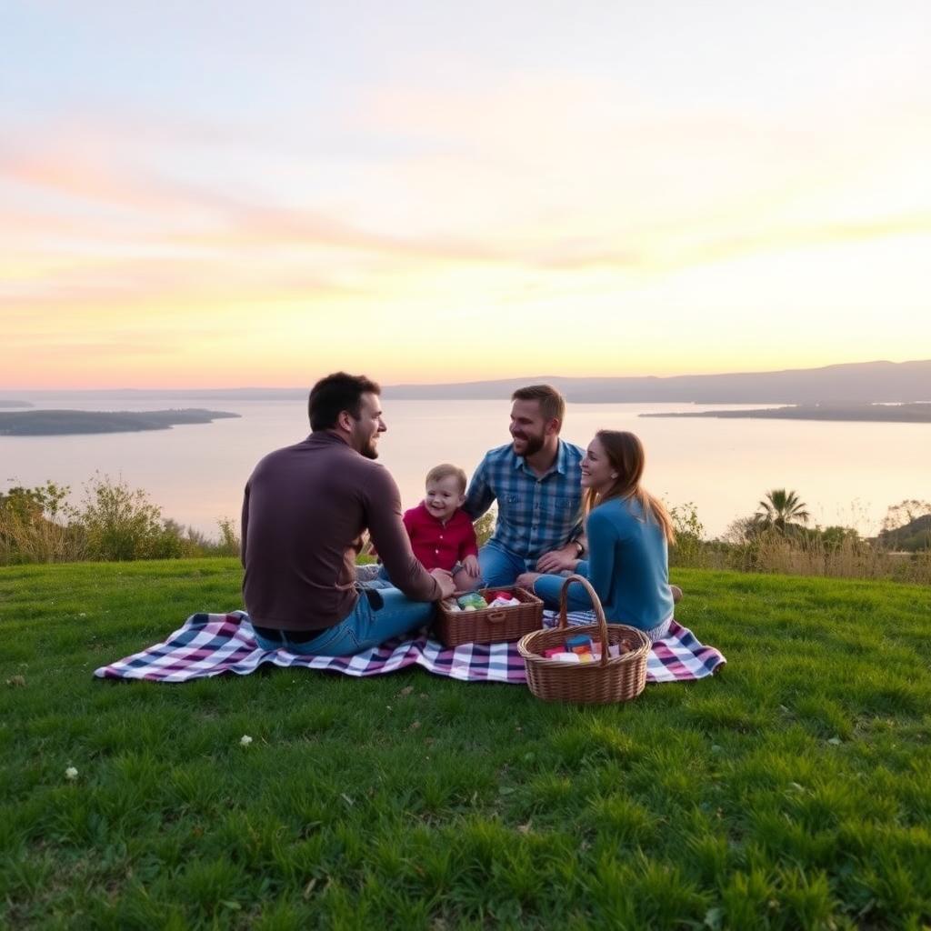 A family shares a budget-friendly picnic by a lake at sunset, enjoying homemade snacks and quality time.