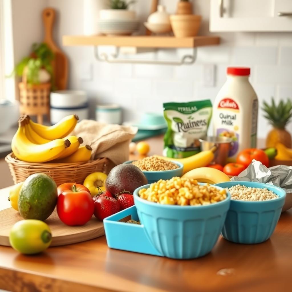 A kitchen counter displaying safe foods for Chronic FPIES, including bananas, avocados, quinoa, and rice milk, arranged vibrantly.