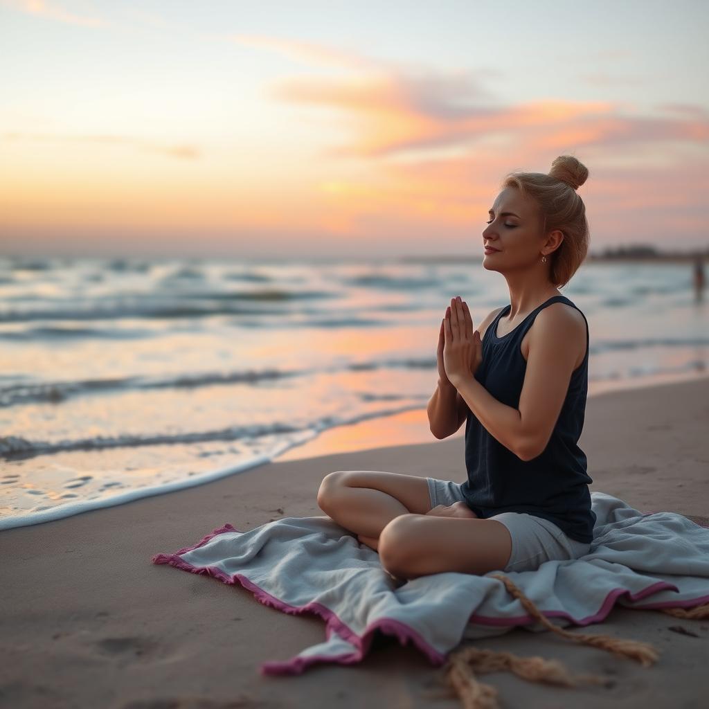 Person practicing mindful breathing on a tranquil beach at dusk