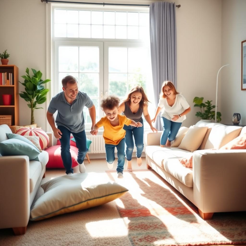 A family of four enjoys a lively obstacle course game in their cozy living room, with sunlight illuminating colorful pillows and furniture.