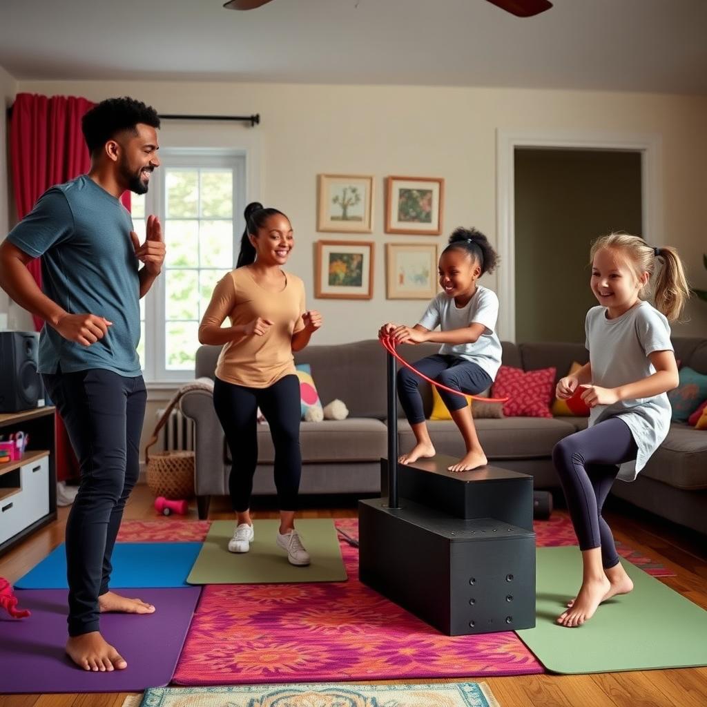 A family enjoying a cardio workout session in their living room with marching and jump rope activities.