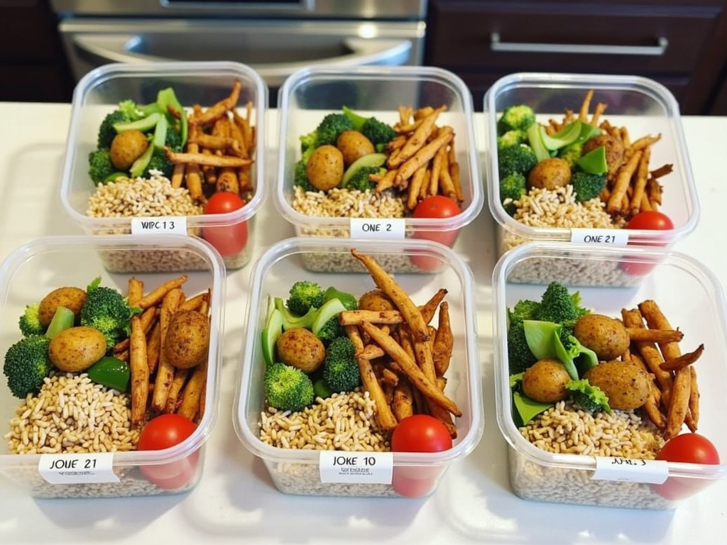 Neatly arranged meal prep containers with healthy meals.