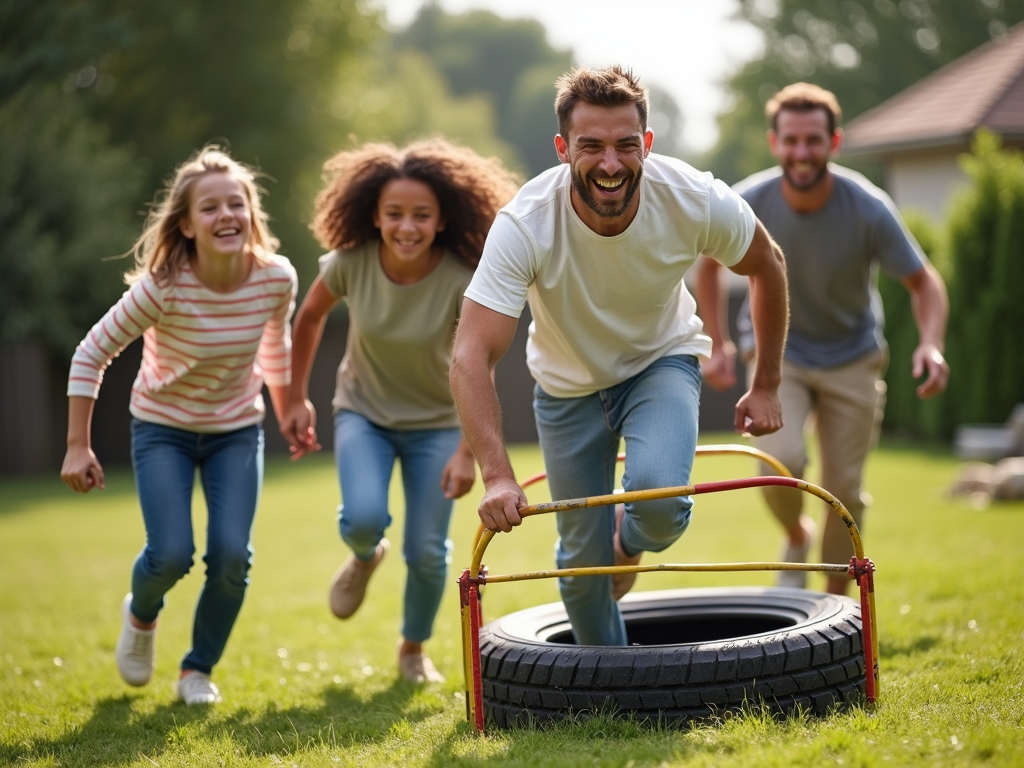 A family of four laughing during a backyard obstacle course.
