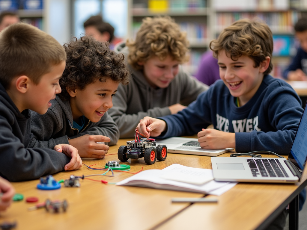 Kids building robots in a library STEM workshop