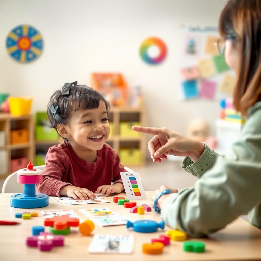 A child with autism and a therapist working together in a colorful ABA therapy session with educational materials.