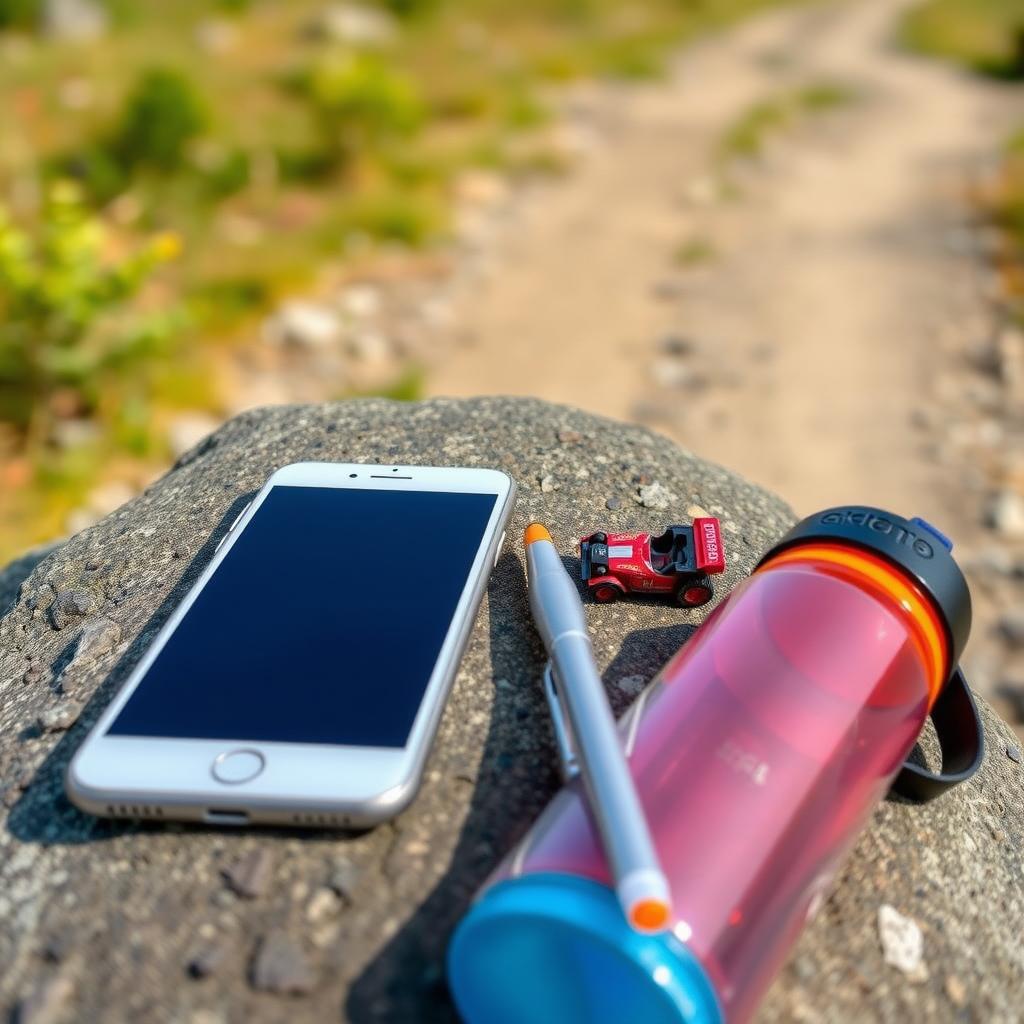 Geocaching essentials laid out on a rock near a trail.