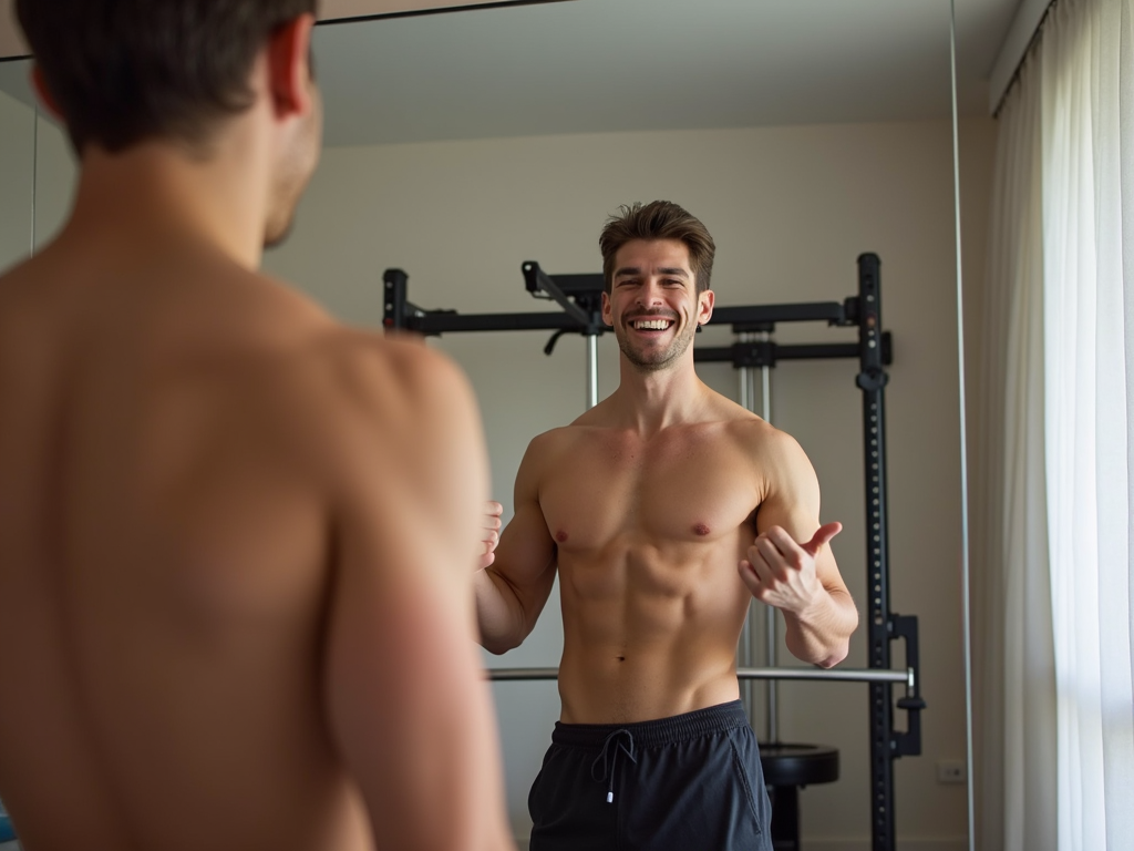 Person admiring their progress in the mirror