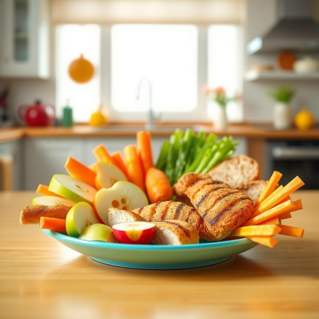 A colorful plate of healthy kid-friendly foods arranged in a smiley-face design on a bright kitchen table.