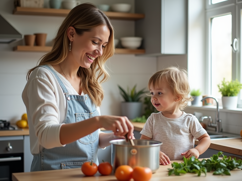 Mom cooking with child in kitchen