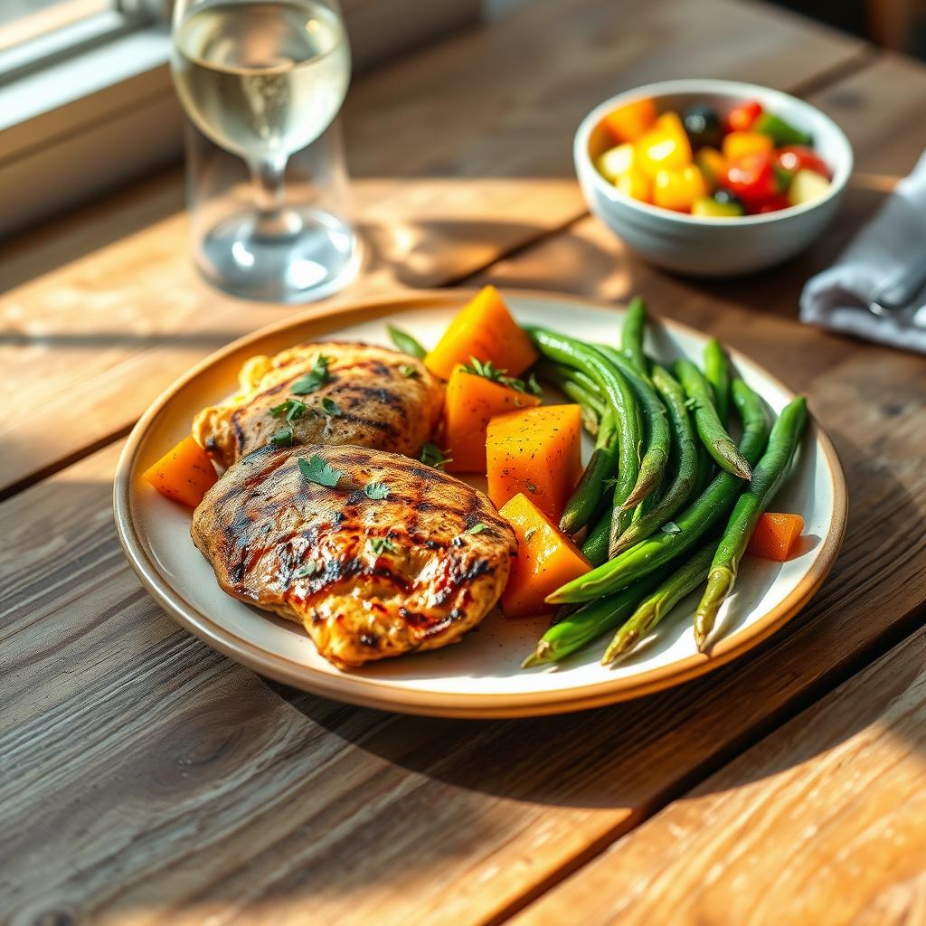 A plate of allergy-friendly grilled chicken, roasted sweet potatoes, and steamed green beans on a wooden table.