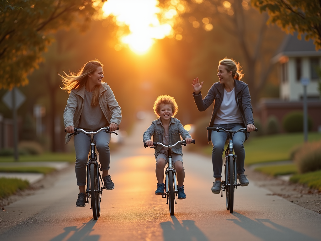 Family biking in neighborhood
