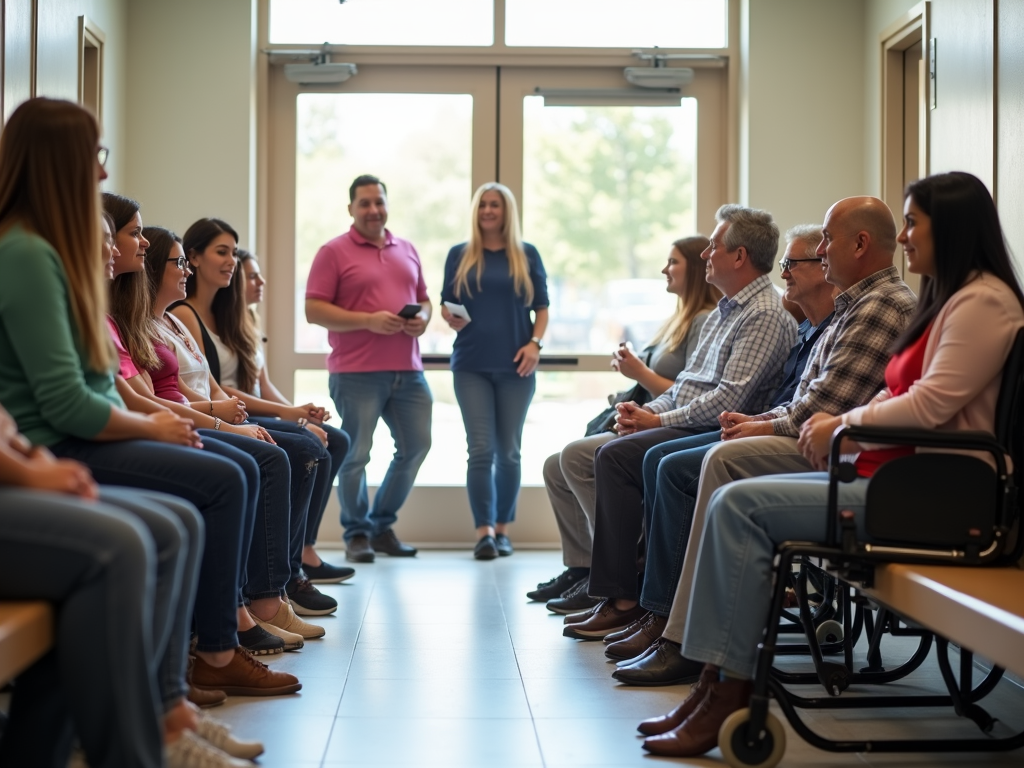 Diverse patients in a welcoming clinic lobby