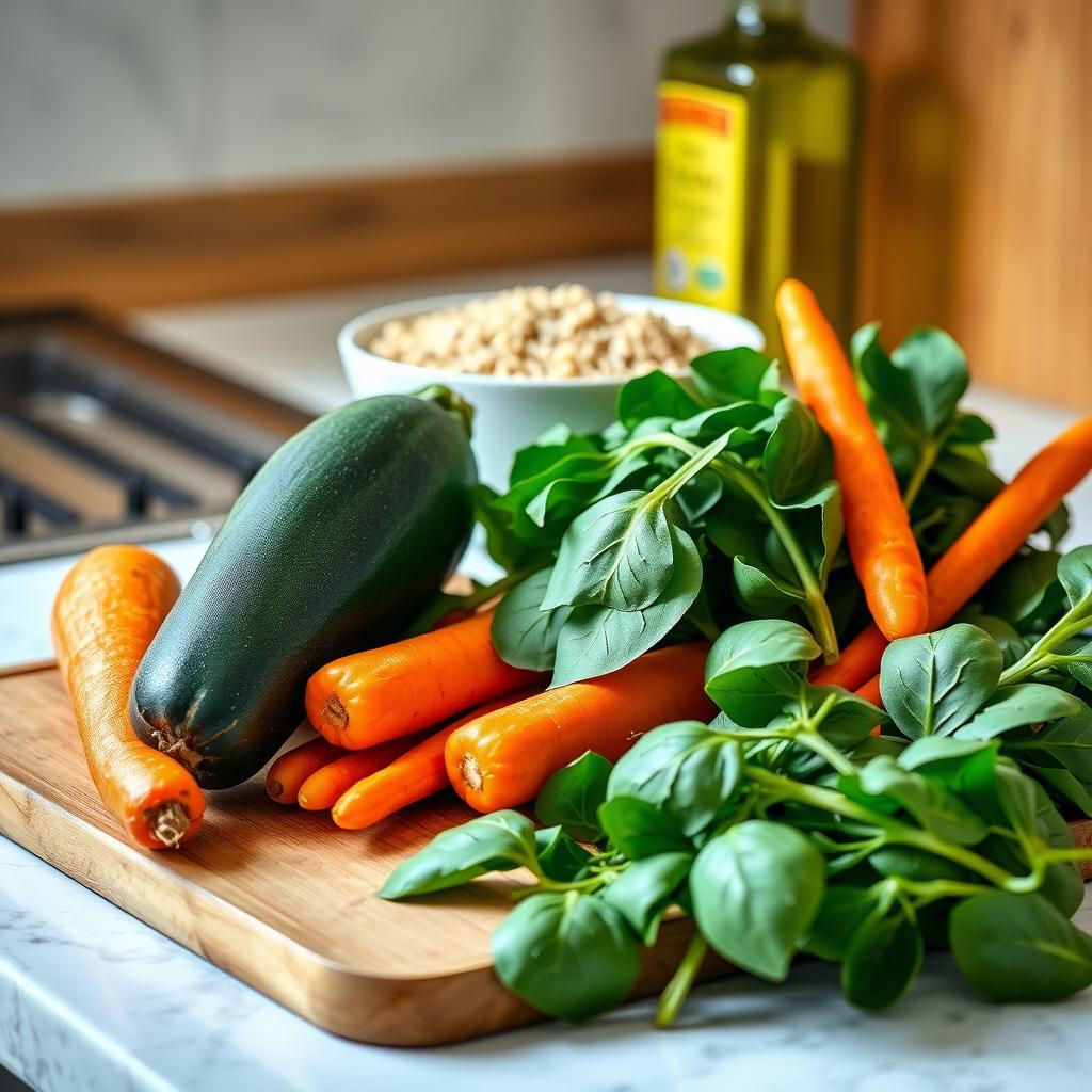 A kitchen counter with fresh vegetables, quinoa, and olive oil for an allergy-friendly meal.