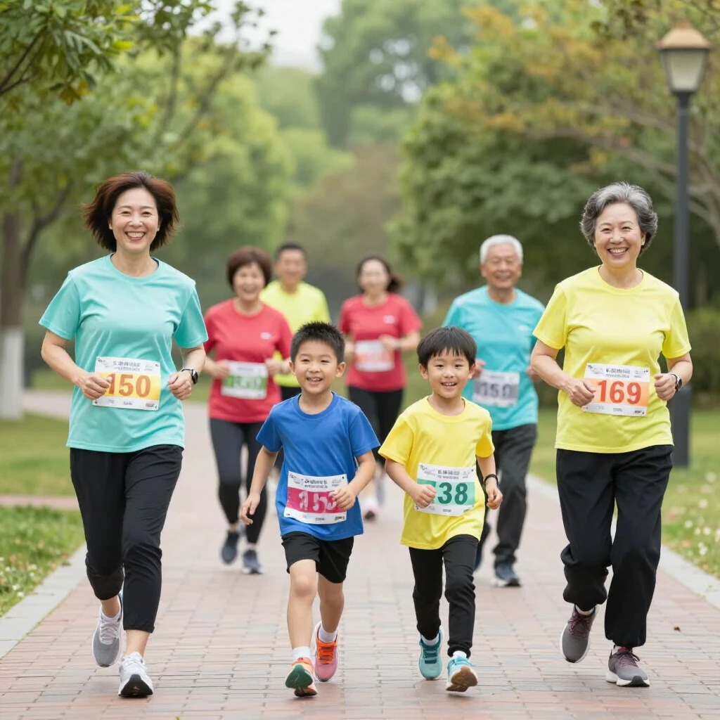 Happy family with kids and adults running together in a themed 5K fun run