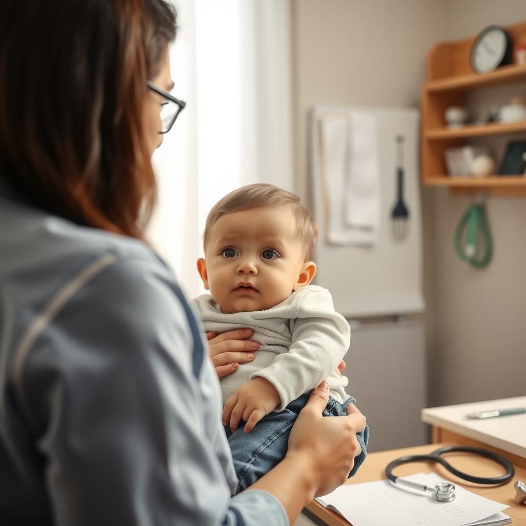 Parent holding a child in a pediatrician’s office with medical charts and a stethoscope on the desk.