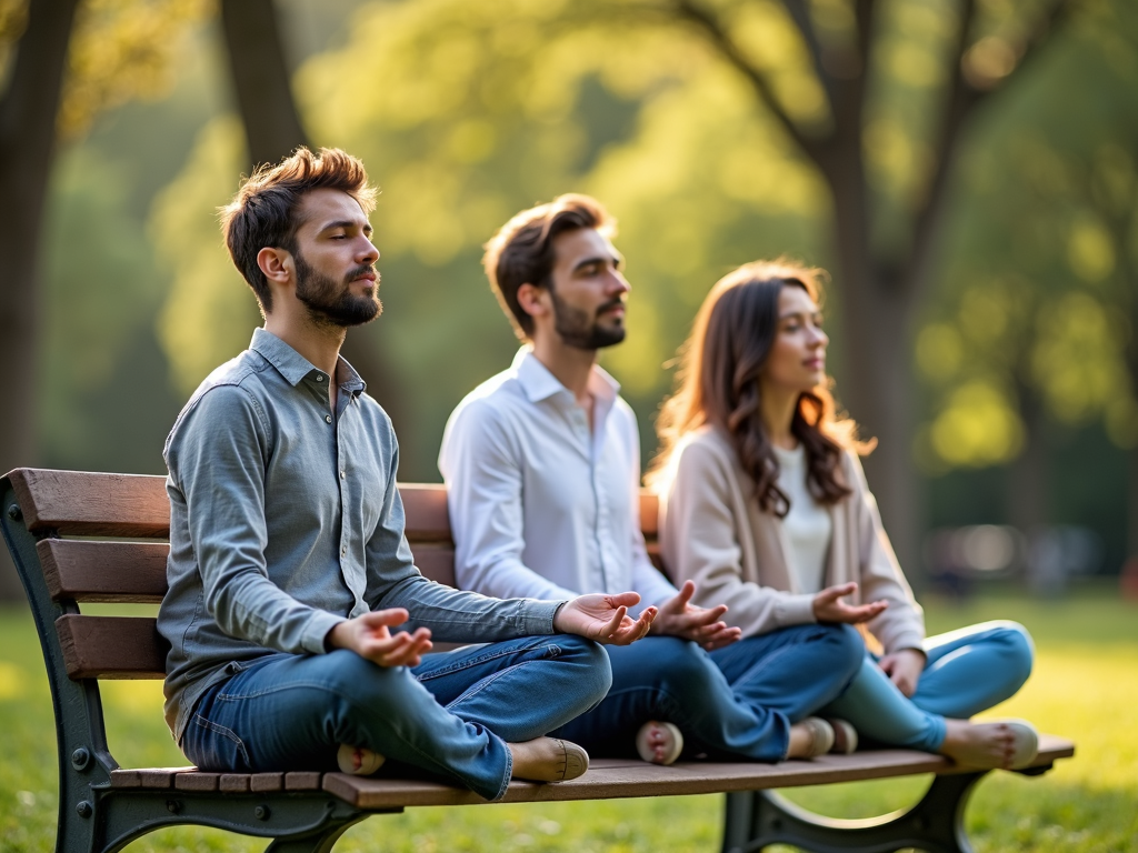 Family meditating together in a peaceful park setting.