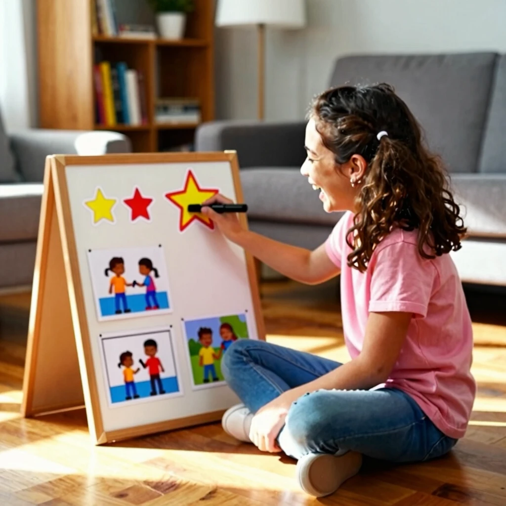 A mother and daughter collaboratively building a custom visual support at home
