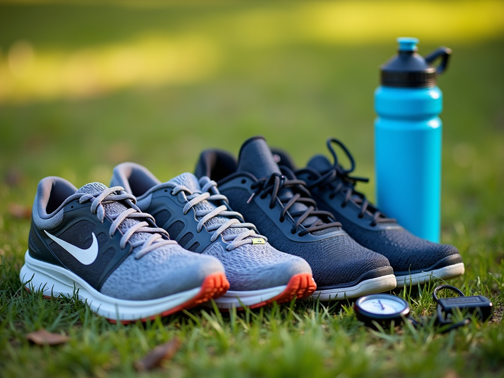 A variety of running shoes for different family members, emphasizing the need for proper gear.
