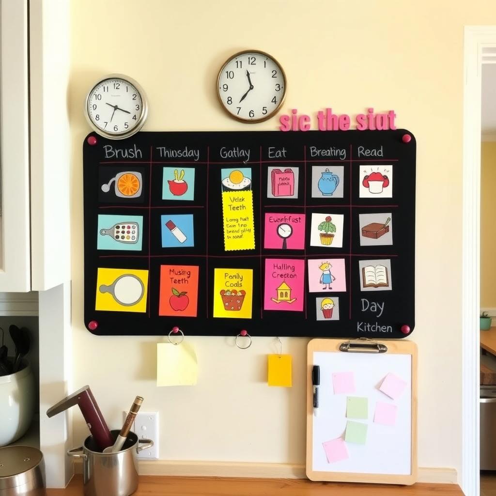 A colorful visual schedule board on a kitchen wall with icons for daily activities.