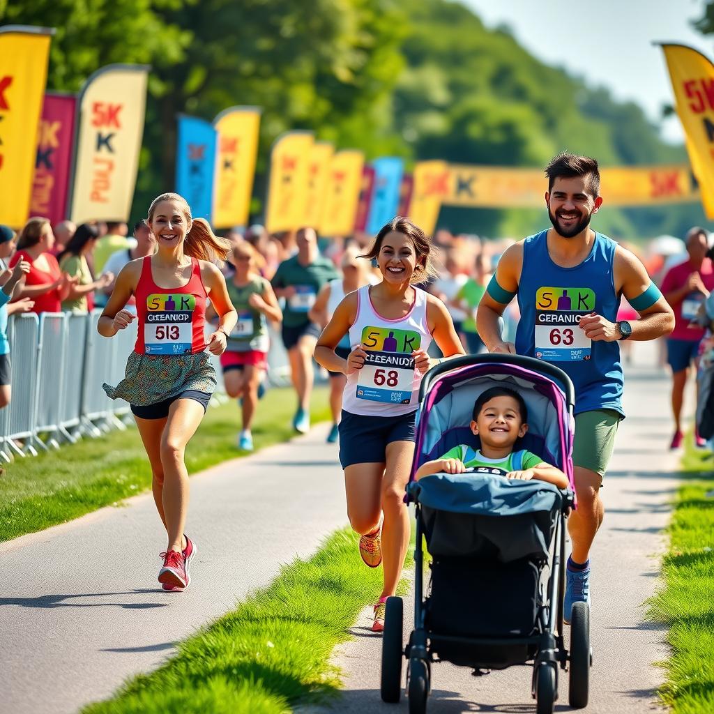 A diverse family joyfully running a 5K race together on a sunny day with cheering crowds.