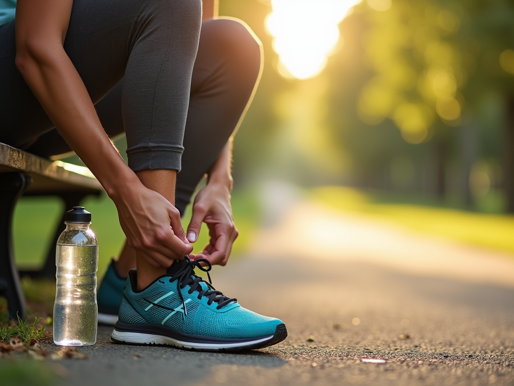 A beginner preparing for a 5K with new shoes and hydration.