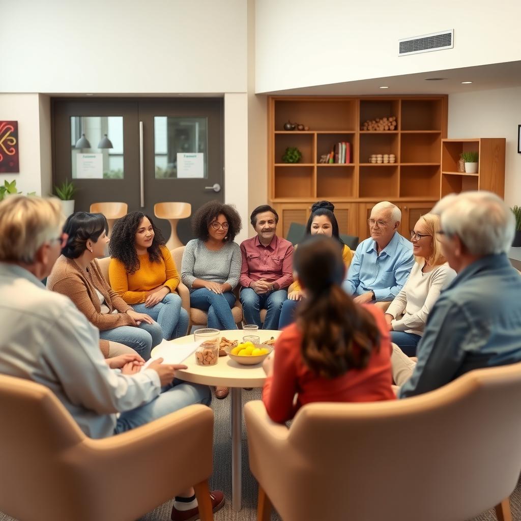 Parents in a support group discuss experiences in a cozy community center.