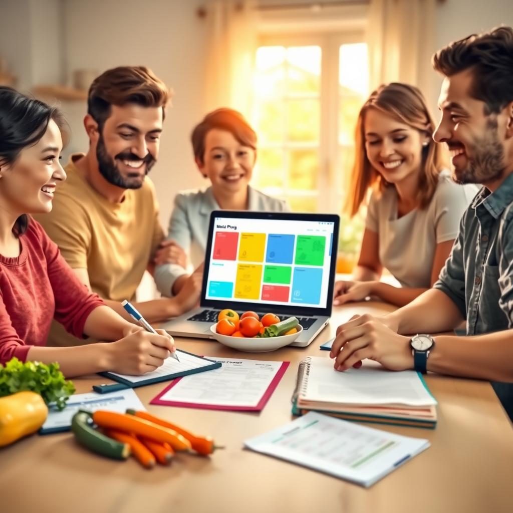 Family planning meals together at a kitchen table with a notepad and fresh vegetables