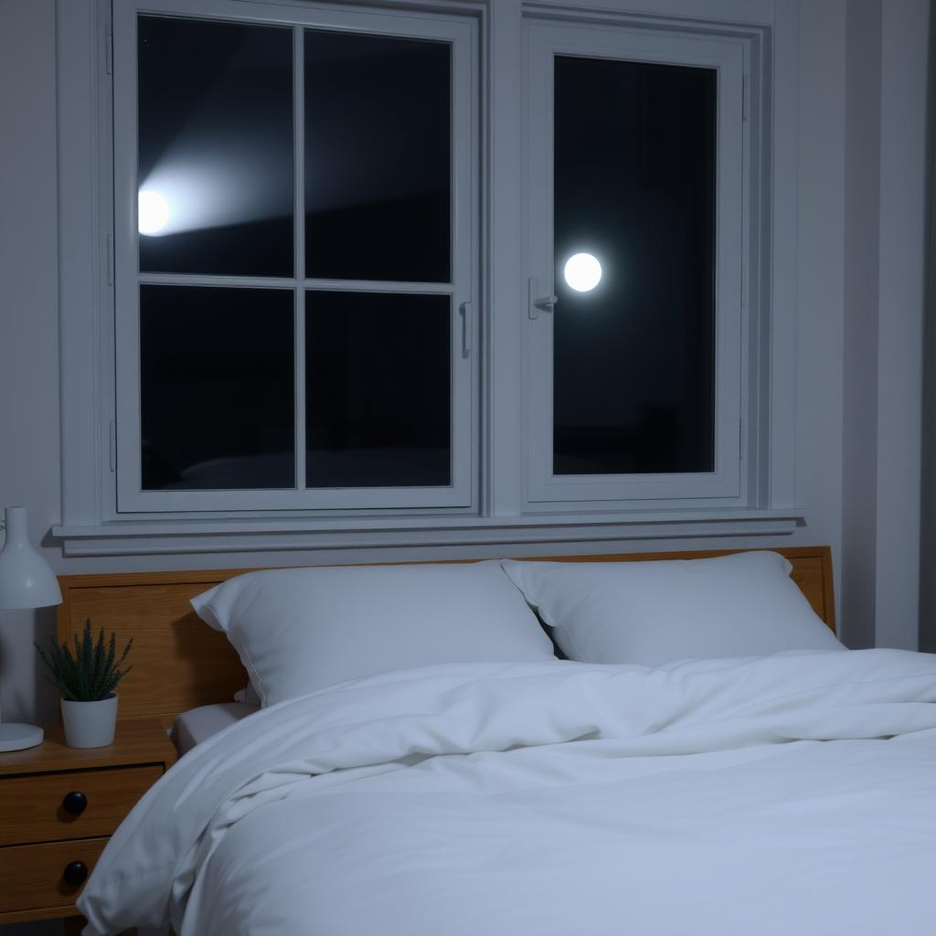Cozy bedroom with white bedding and lavender plant under moonlight