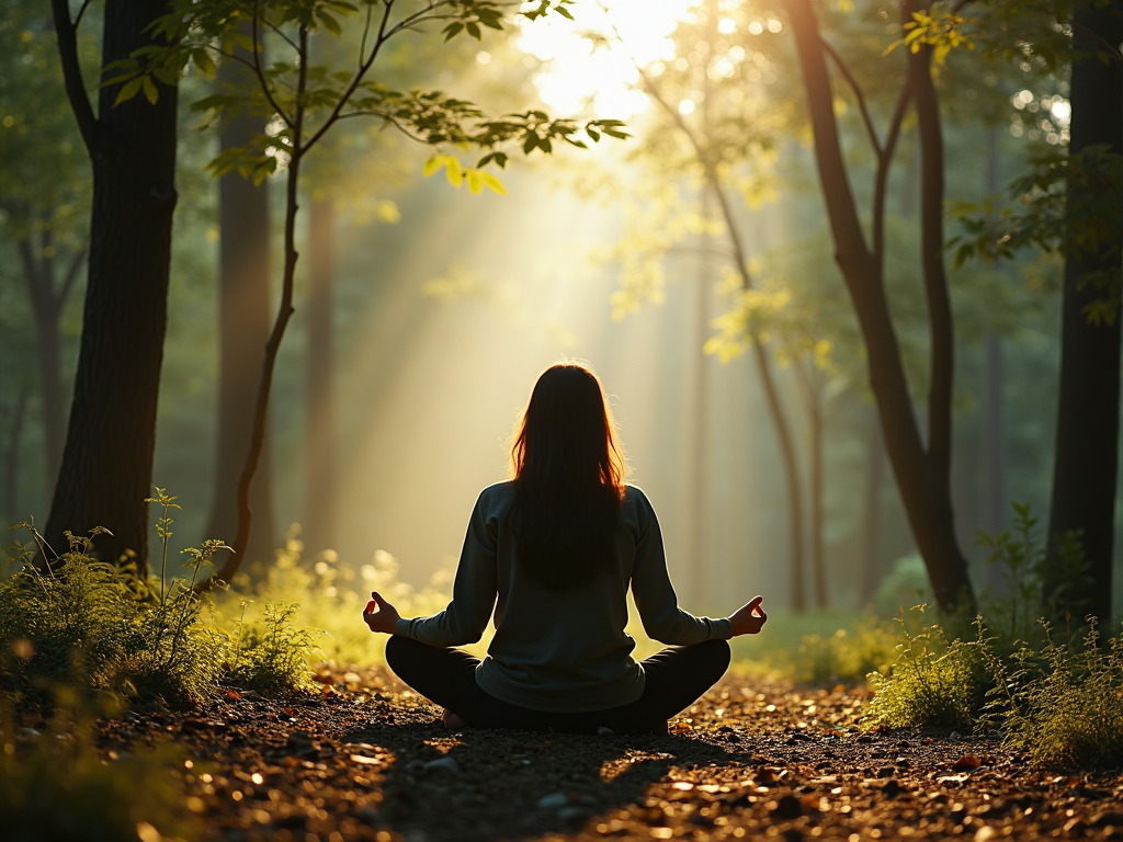 Individual practicing mindfulness in a serene natural environment.