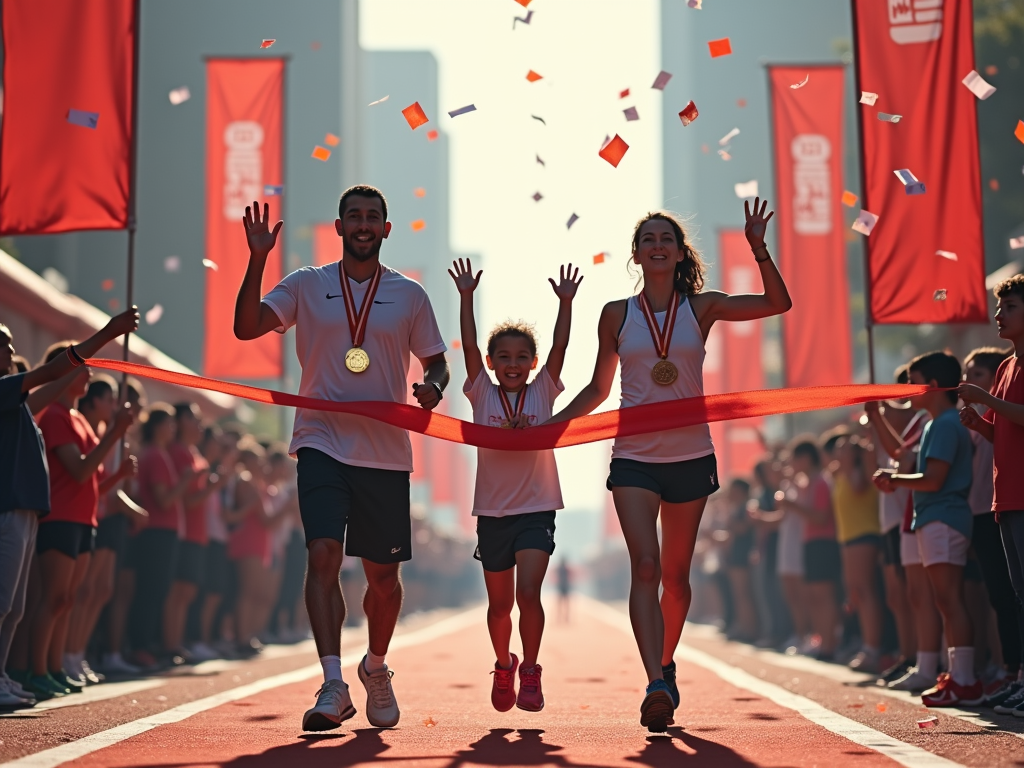 Family crossing the finish line at a 5K race