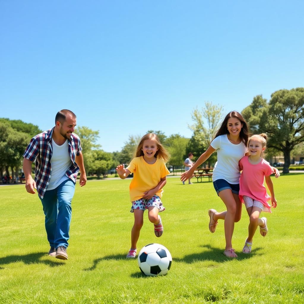 A family of four playing soccer in a sunny park with green grass and blue sky.