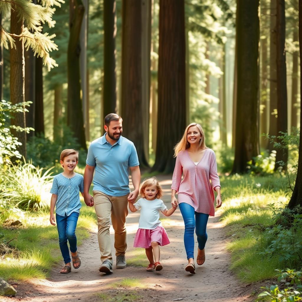 A family enjoying a hike together in nature.
