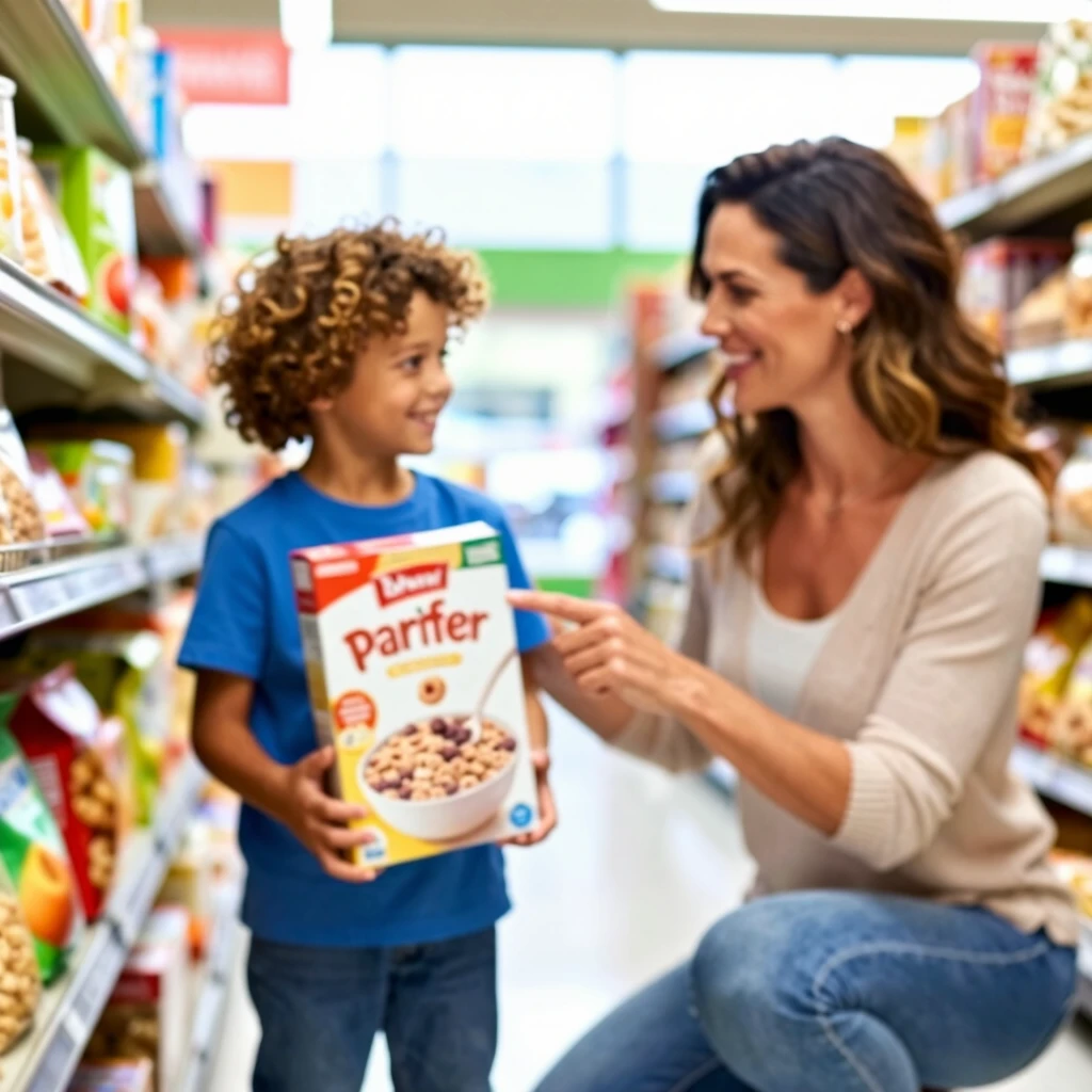 Mother and child learning to read food labels in a store