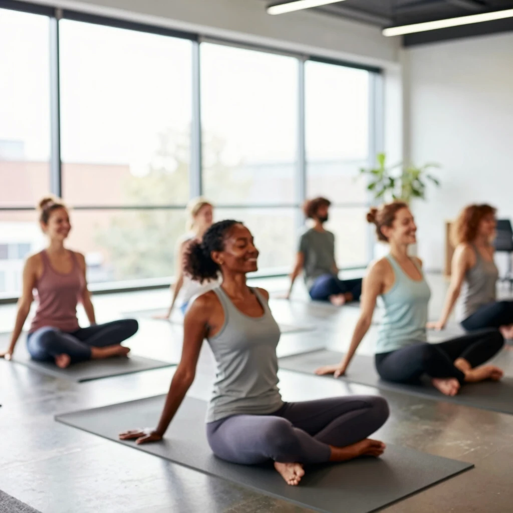 Diverse office team participating in a group yoga session in the workplace