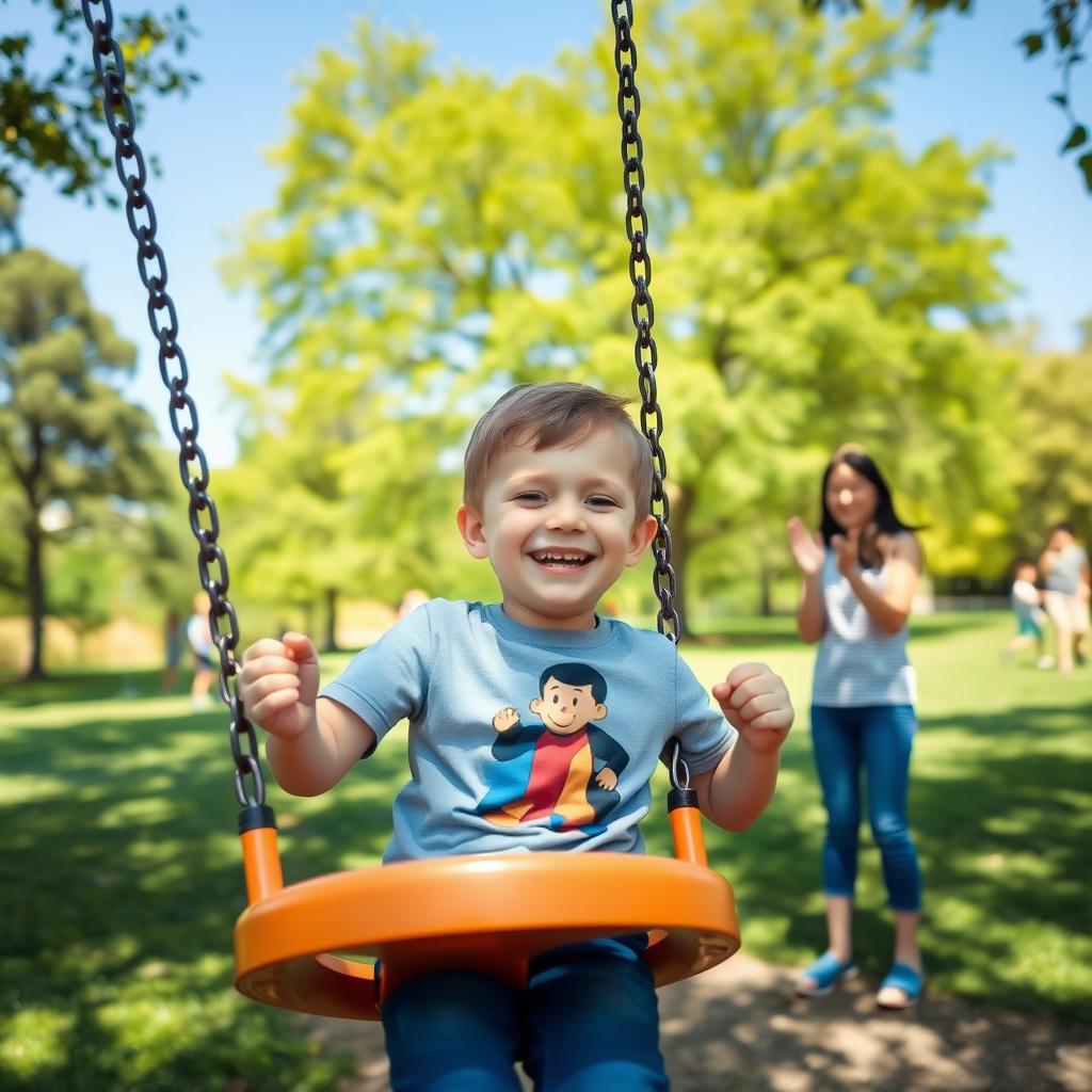 A young boy with autism enjoys swinging at a park while his mother cheers him on, surrounded by greenery and other children.