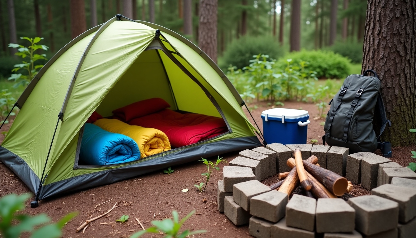 Organized camping gear at a campsite.