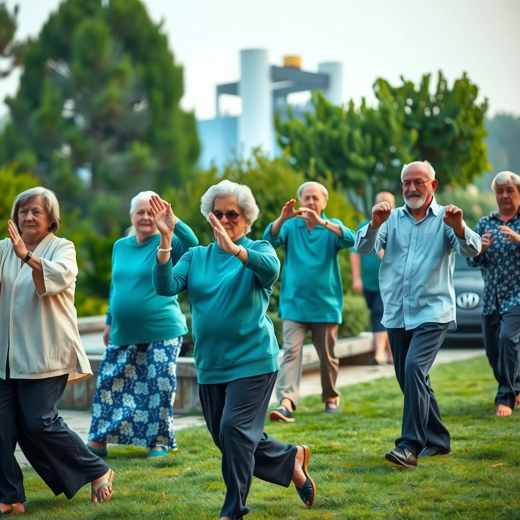 Group of seniors practicing tai chi in a garden