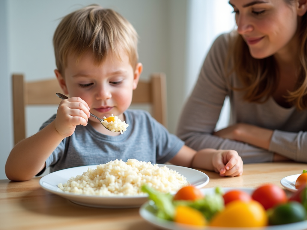 A child with chronic FPIES eating a carefully selected meal under parental supervision.