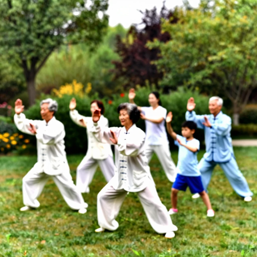 Family of different ages practicing tai chi together in a garden