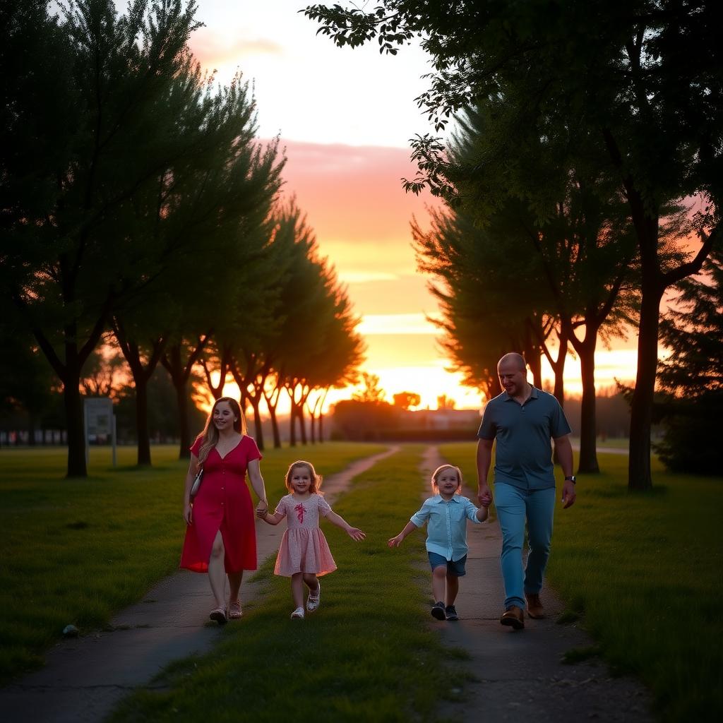 Family walking together in a park at sunset, surrounded by greenery.