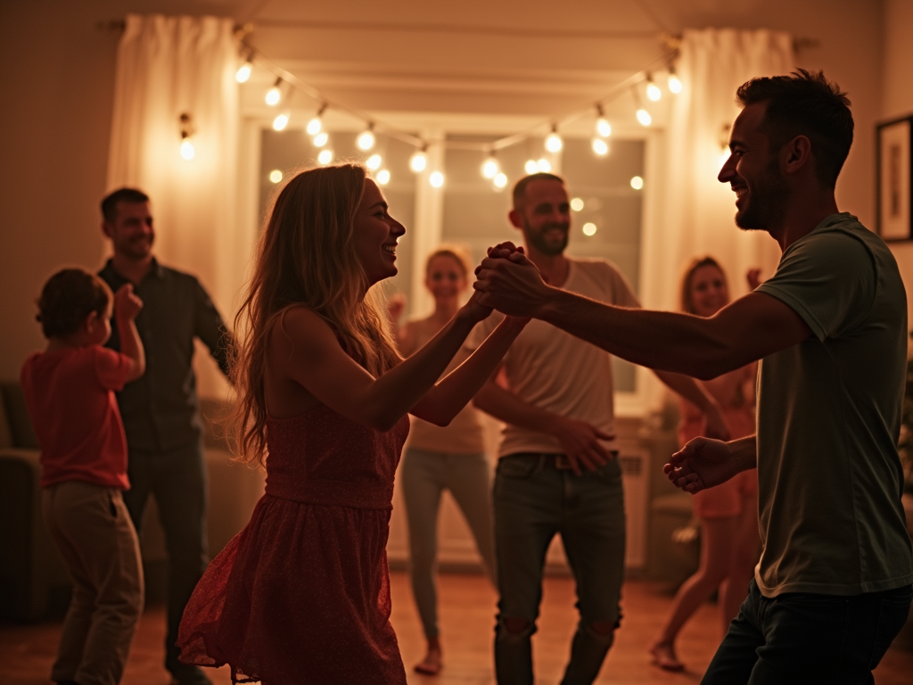 Family has a dance-off in their living room, smiling and enjoying movement together