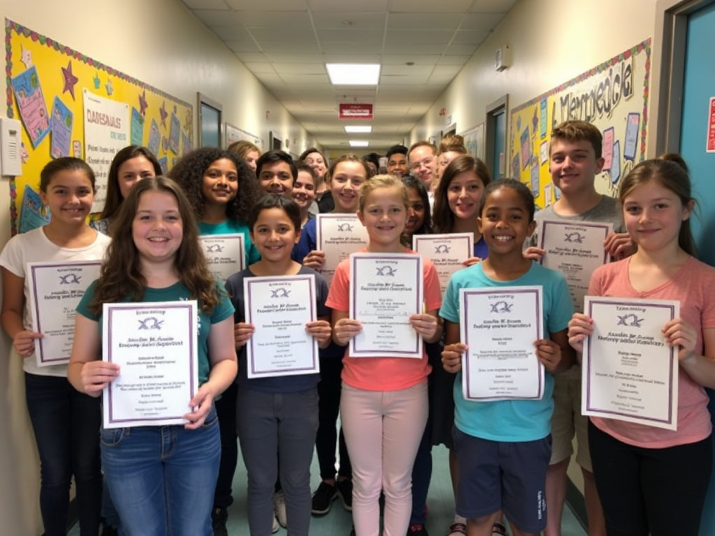 Students at XYZ School celebrating their improved behavior with certificates.