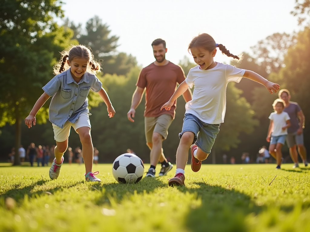 Family playing soccer together in a park